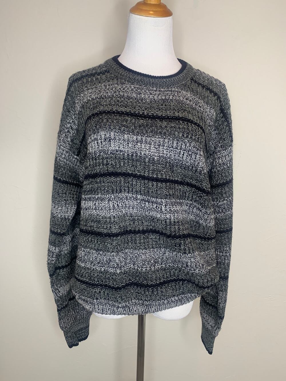 Vintage Gray Black Chunky Stripe Sweater Sz Large